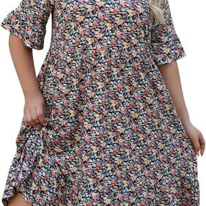 Plus Size Summer Casual Midi Dress Ruffle Bell Sleeve Flowy Babydoll